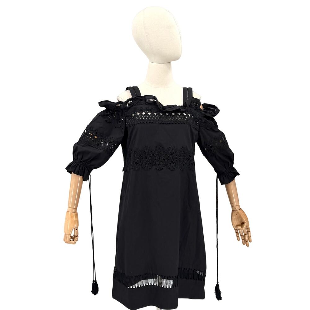 Gracia Black 100% Cotton Lace Cold Shoulder Ruffle Dress